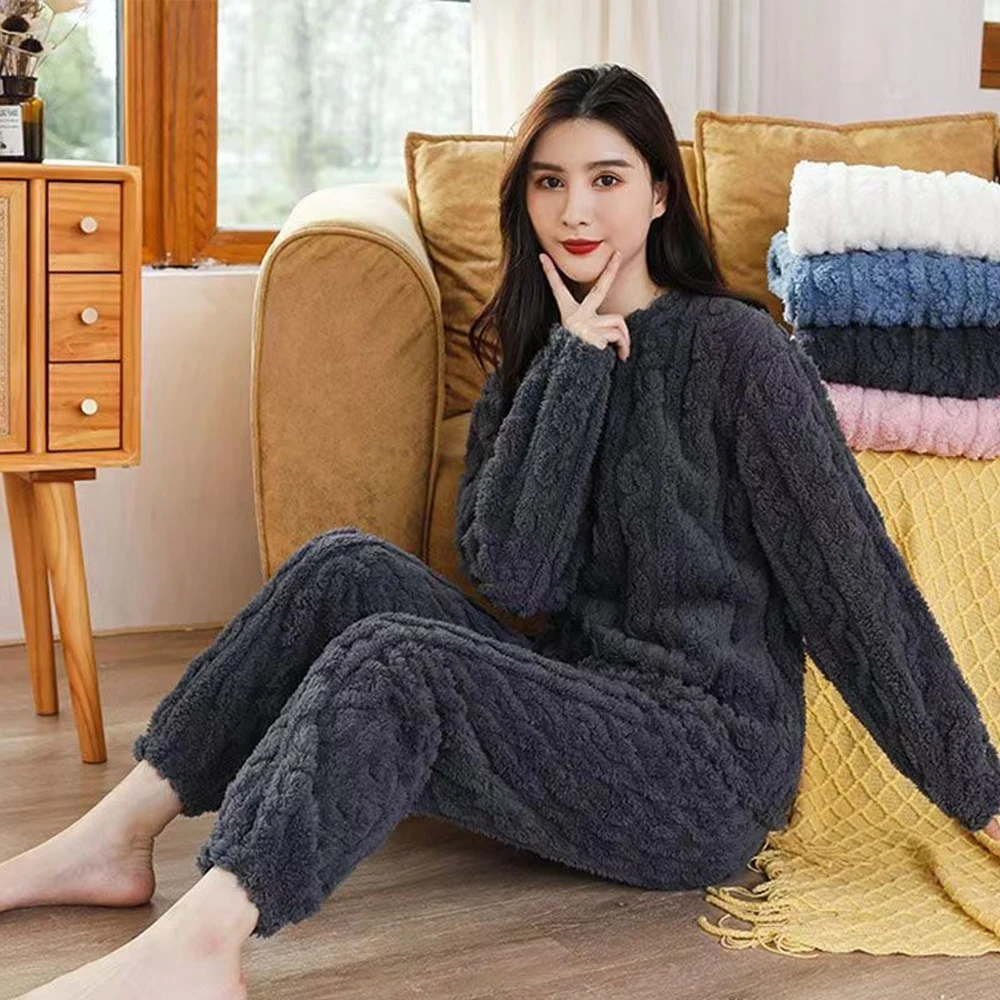 1 Állítsa A Téli Sűrűsödik Loungewear Pyjama Beállítása Hálóruha Homewear Hálóruházat Fleece Puha Legénység Nyak Szilárd Meleg Pár Hálóruházat