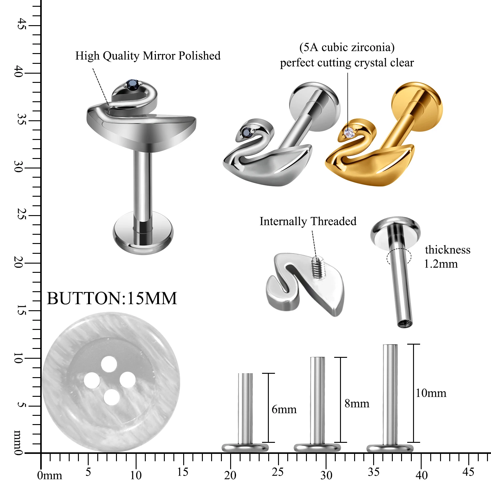 G23 Titán Fülbevaló Piercing Labret Ajak Gyűrű köröm, Orr női Fülbevaló Tragus Porc Belső Menet Test Ékszer