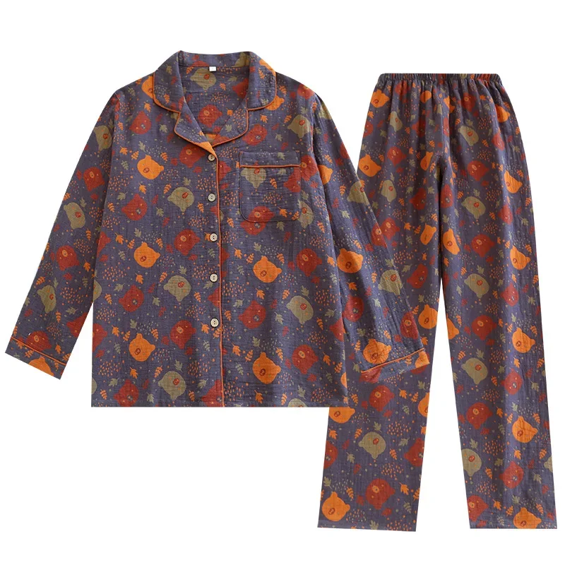 Színes Szőtt Pamut Vintage Pár Pizsama, Hosszú Ujjú Nadrág Haza Ruházat Dupla Rétegű Fonal Hálóruházat a Nők, mind a Férfiak 2db