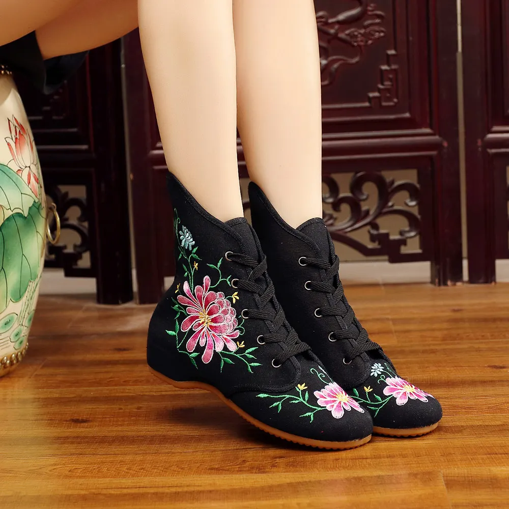 Veowalk Virág Hímzett Női Pamut Rövid Boka Csizma Női Kényelmes Csipke Vászon Cipők Kínai Hímzés Cipő