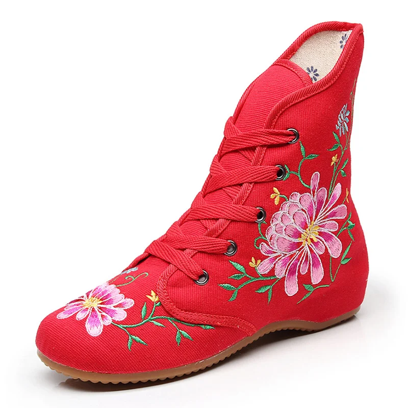 Veowalk Virág Hímzett Női Pamut Rövid Boka Csizma Női Kényelmes Csipke Vászon Cipők Kínai Hímzés Cipő