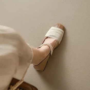 Új Női Cipő Designer, Csipke, Gyöngy Esküvői Mary James Cipő Tér Lábujj-Sarok Bézs Egyetlen Cipő Zapatos Mujer Tér sarok
