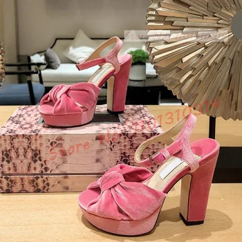 Rózsaszín Bowknot Platform Szandál Nők Szép, Magas, Tagbaszakadt Magassarkú Nyitott Toe Szatén Cipő Női Luxus Nyári Luxus Bársony Szandál