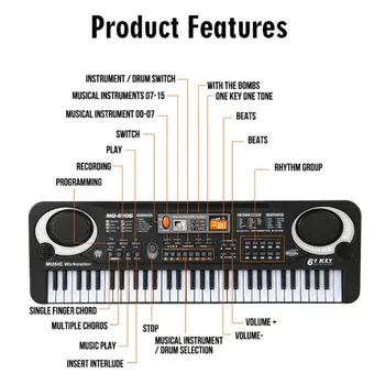 61 Billentyű Zene Elektronikus Billentyűzet Digitális Zongora, Orgona Mikrofon