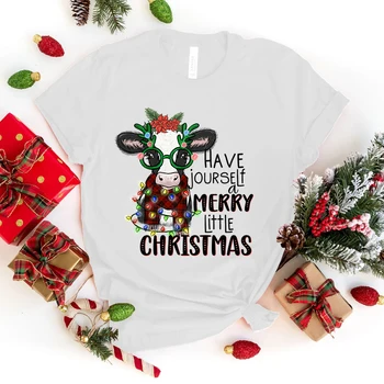 (Magas Minőségű Ruhákat)a Nők Divatos Nyári póló Tehenek Legyen Boldog Kis Karácsonyi Levél Nyomtatás póló Női top