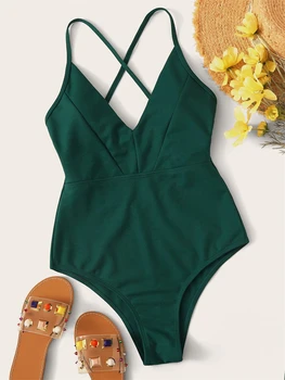 Egyrészes Fürdőruha Nők 2024 Új Zöld Parittya V-Nyak Fürdőruha Szexi Body Monokini Nyári Pántos Strand Fürdőruha Női