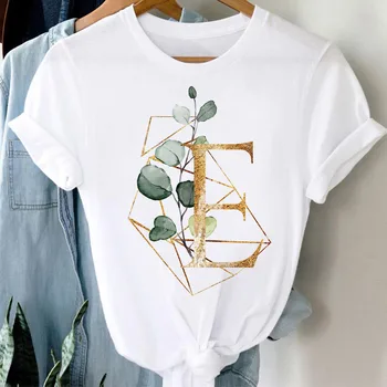 Új Abc-T-Shirt Virágos Geometriai Arany Font A B C D Nyomtatott Maximum Tee Női Nyári Vicces póló Női Rövid Ujjú Felsők Tee