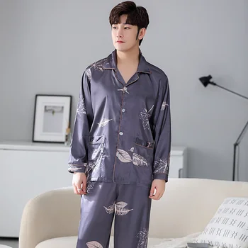 Selyem férfi pizsama nyomtatott, hosszú ujjú kardigán nadrág high-end selyem sima férfiak otthoni viselet