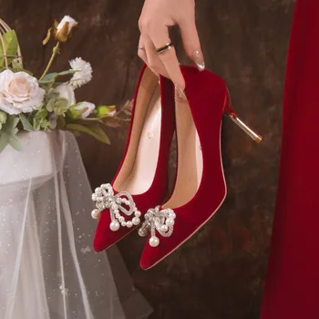 Vörös Esküvői Koszorúslány Cipők Boldog Gombot Dekoráció, Party Ruha, Cipő Stiletto Magas Sarkú Kínai Stílus Menyasszony Cipő