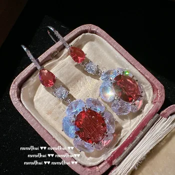 Női Divat Ovális Labor Ruby Cirkónium-oxid Csepp Fülbevaló 925 Ezüst Színű Vintage Medál Dangles a Nők Esküvői Finom Ékszerek