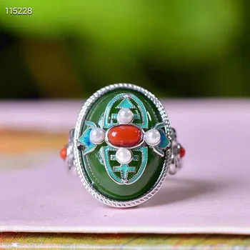 Természetes 100% valódi 925 sterling ezüst gyűrű intarziás igazi zöld hetian jade gyűrűk Nyitott Gyűrű jade gyűrűk nők eljegyzési ajándék