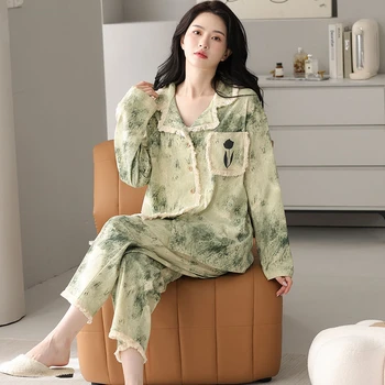Évjárat Nyomtatás Hálóruházat Női Pamut Pizsama Szett Tavaszi Őszi Hálóruha Homewear Meghatározott Hosszú Ujjú Nadrág Laza Koreai Divat