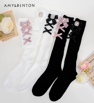 Japán Édes Íj Tér Gyémánt Térd Sockings Őszi Téli Új Lace-up Kawaii Zokni, Puha, Aranyos Középső Zokni Női