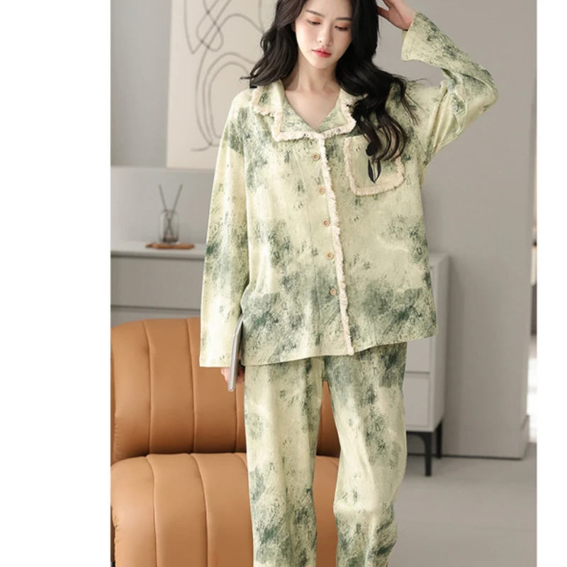 Évjárat Nyomtatás Hálóruházat Női Pamut Pizsama Szett Tavaszi Őszi Hálóruha Homewear Meghatározott Hosszú Ujjú Nadrág Laza Koreai Divat